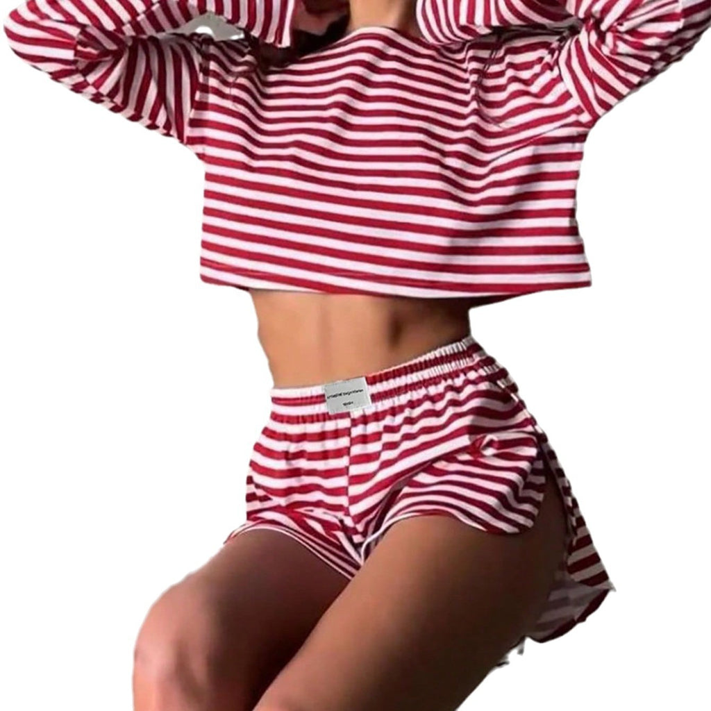 Comfortable And Stylish Knitted Striped Long-sleeve Pajama Set With Shorts by Ricaloux