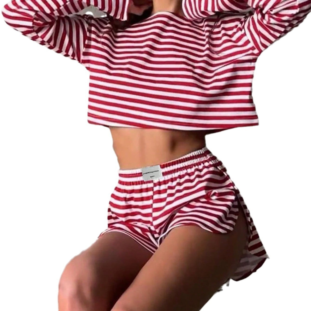 Comfortable And Stylish Knitted Striped Long-sleeve Pajama Set With Shorts by Ricaloux