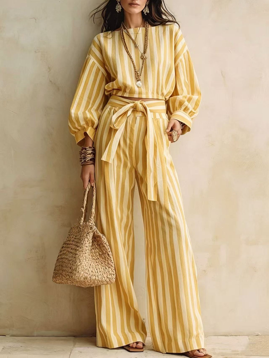 Womens Striped Cropped Top And Casual Lace-up Wide-leg Pants Set – Premium 0 | RICALOUX