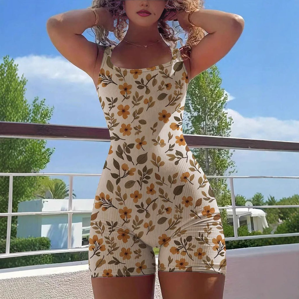 Fashionable Solid-color U-neck Figure-flattering Printed Backless Jumpsuit For Elegant Women by Ricaloux