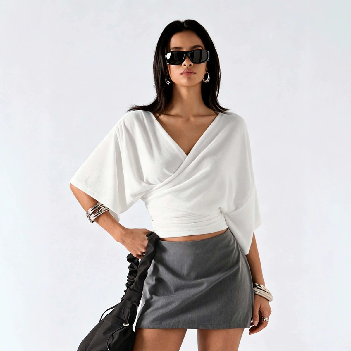 Womens French-style Cross V-Neck Batwing-Sleeve Top – Premium 0 | RICALOUX