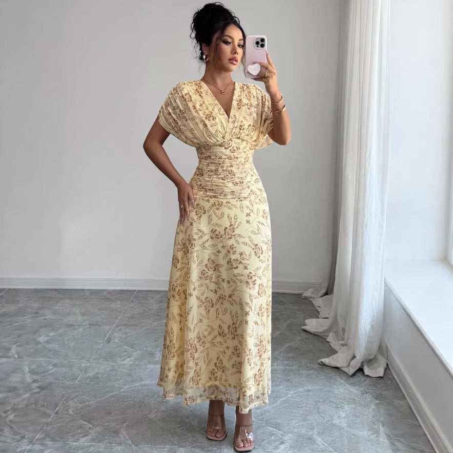 Womens Casual Floral-print V-neck Puff-sleeve Dress by Ricaloux