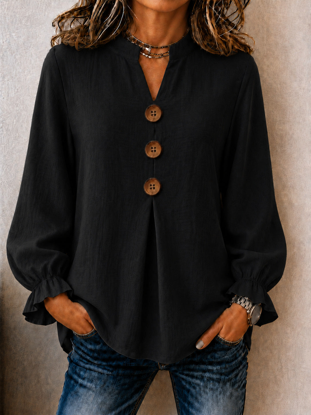 New Womens Fashion Long-sleeve V-neck Solid-color Button-up Top For Fall And Winter by Ricaloux