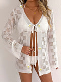 Women Hollow Woven Long Sleeve Tie Front Cardigan, European American Sun Protection Bikini Cover Up, Casual Beach Outerwear – Premium 4 | RICALOUX