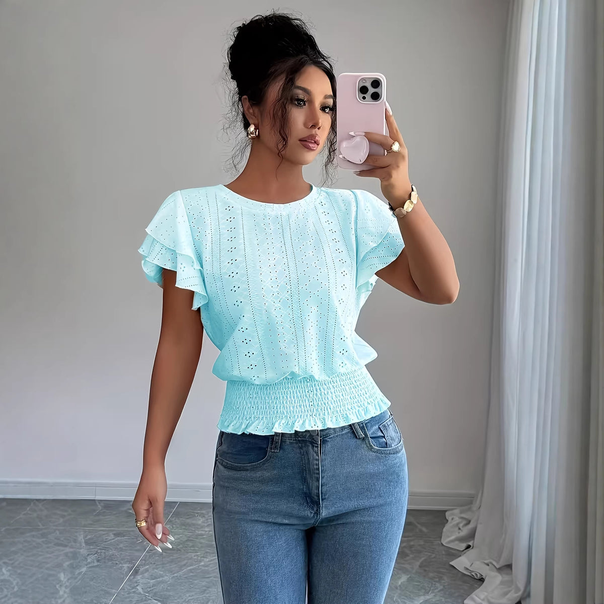 Womens Solid-Color Casual Round-Neck Top by Ricaloux