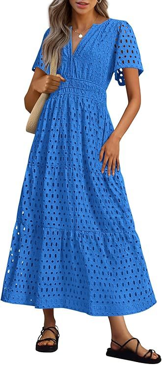 Womens Short-Sleeve V-Neck Hollow-Out Dress by Ricaloux