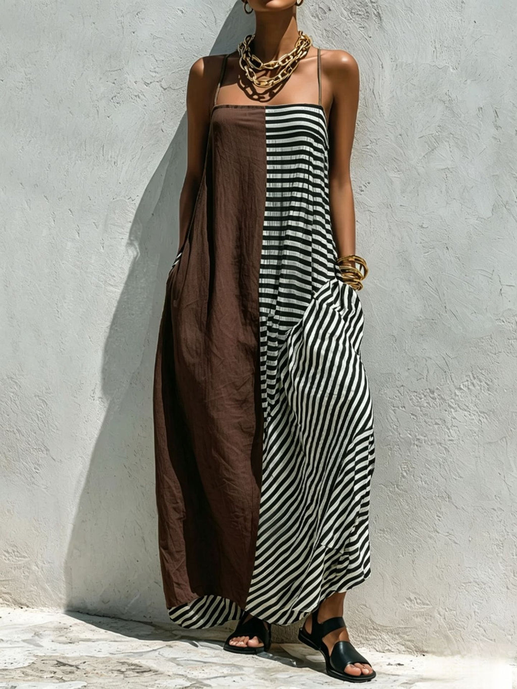 Printed Striped Strap Sleeveless Long Dress by Ricaloux