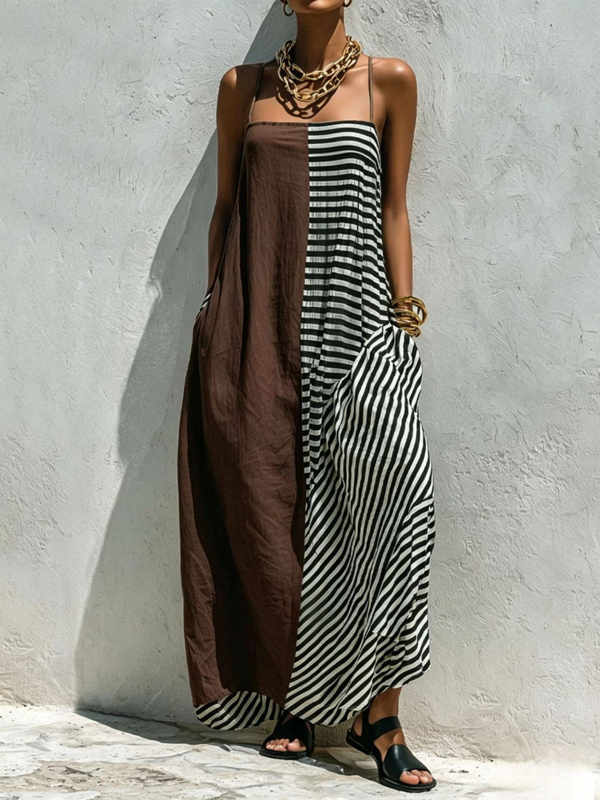 Printed Striped Strap Sleeveless Long Dress by Ricaloux