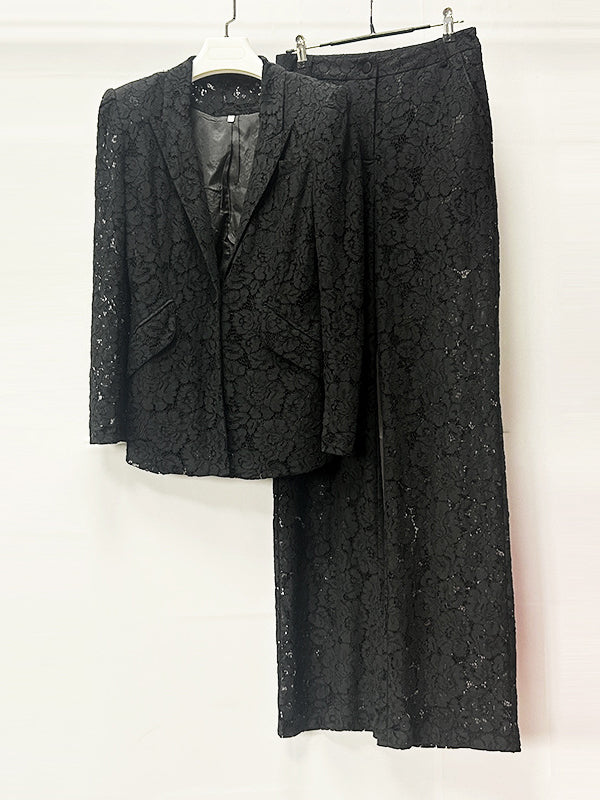 Floral Lace Single Button Blazer & High Waist Wide Leg Pants 2-Piece Suit Set by Ricaloux