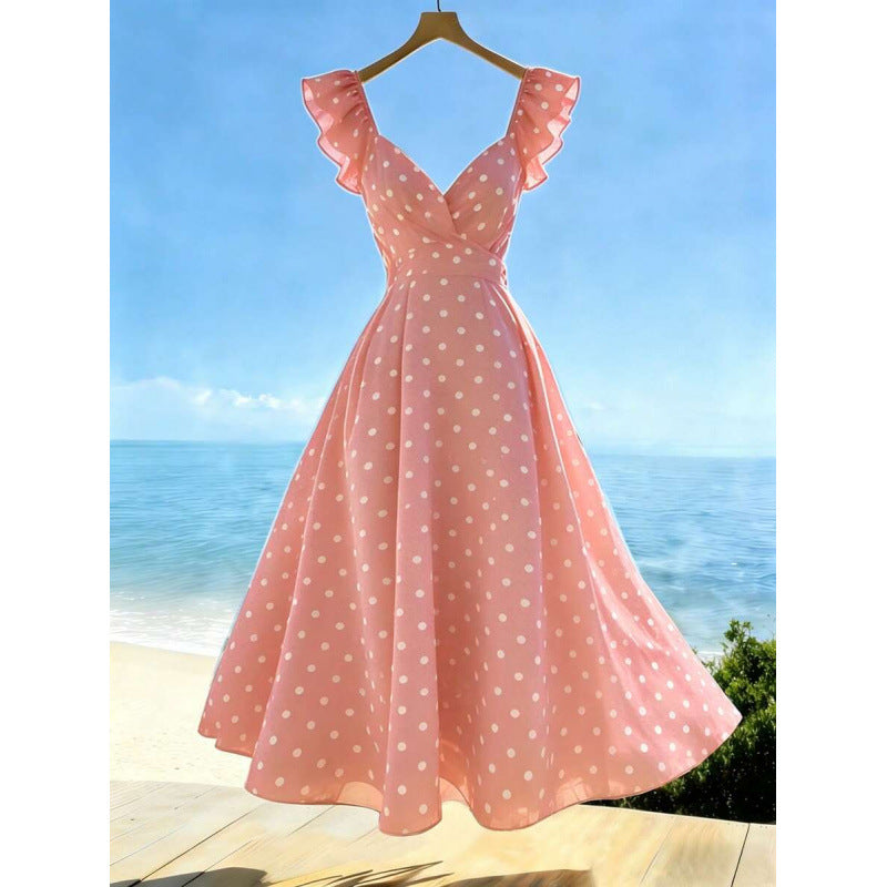 Womens Solid-Color Casual Resort V-Neck Ruffle-Trim Dress by Ricaloux