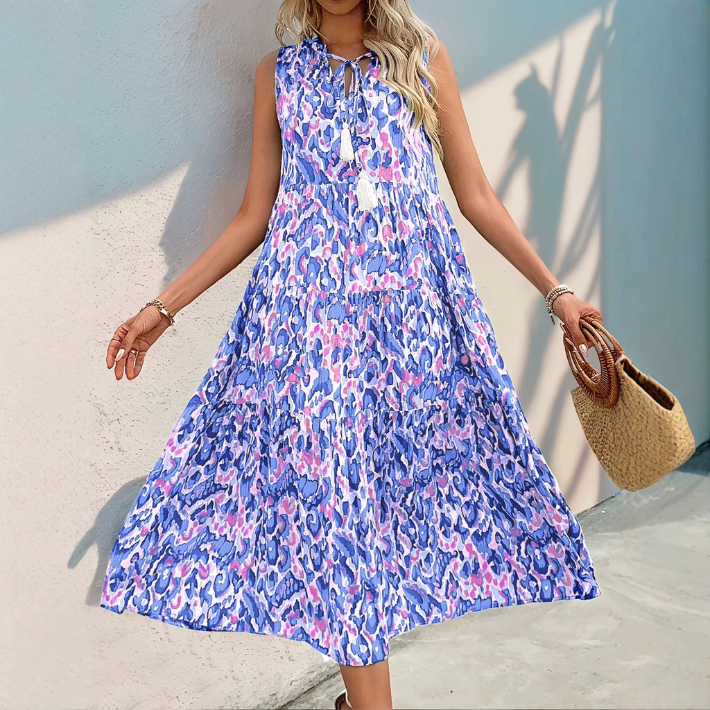 Sleeveless V-neck Tassel Abstract-print Dress by Ricaloux