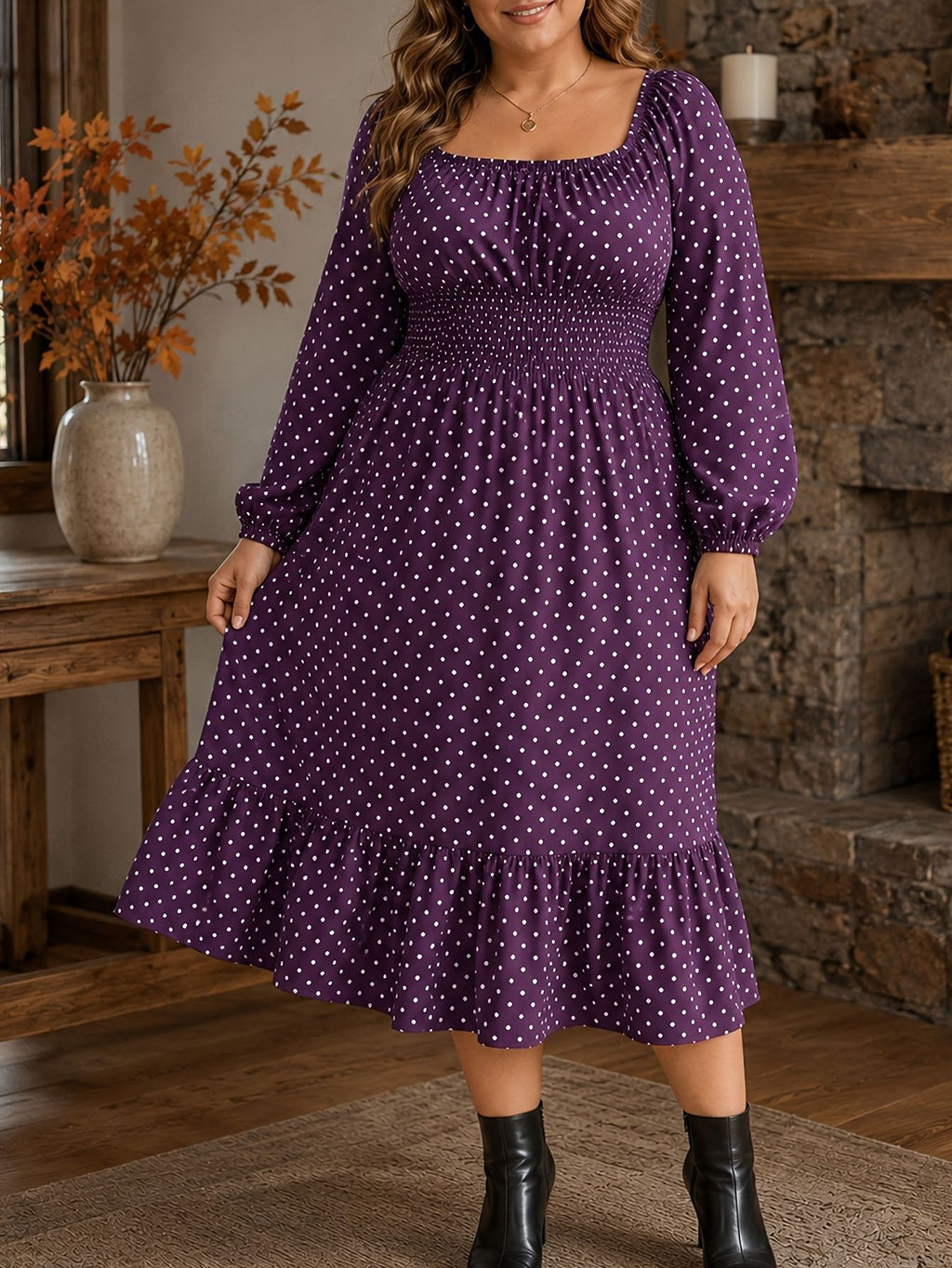 Polka-dot Plus-size Womens Dress Puff-sleeve Boat-neck Dress For Curvy Figures by Ricaloux