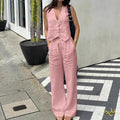 Fabric V-neck Vest High-waisted Wide-leg Pants Casual Two-piece Set by Ricaloux