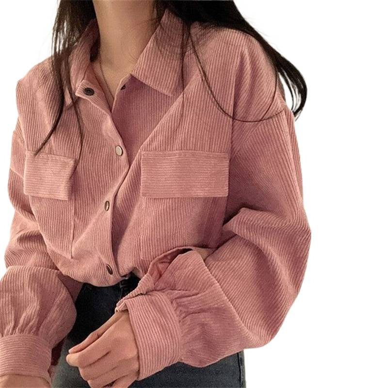 Notch-collar Cropped Drawstring Long-sleeve Shirt Corduroy Jacket – Premium 0 | RICALOUX