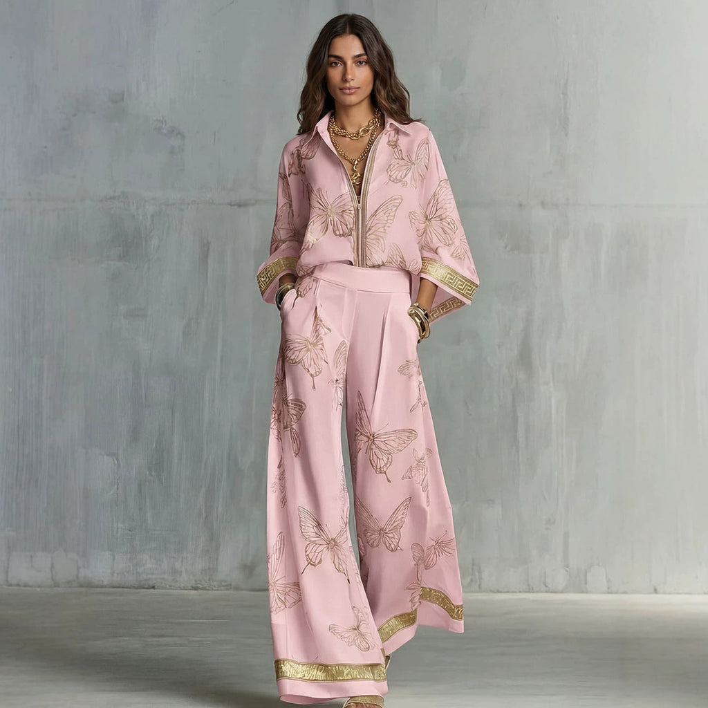 Womens Printed Loose-Fit Zip-Up Top And Wide-Leg Pants Two-Piece Set by Ricaloux