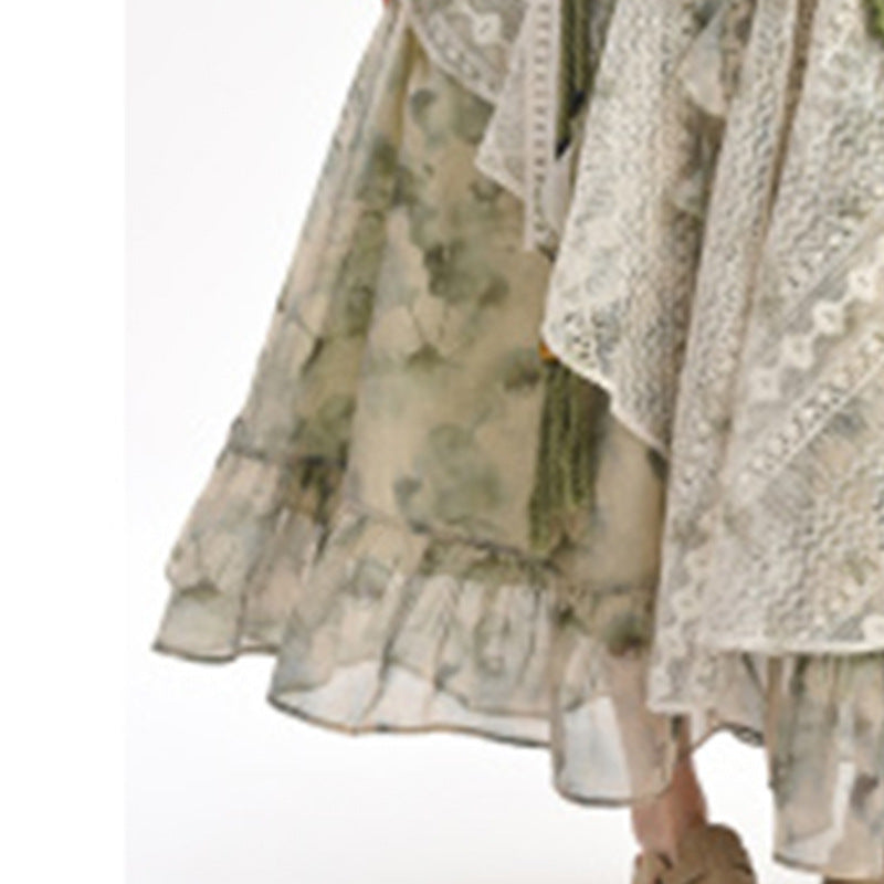Summer New Irregular Sweet Tie-Dye Print Lace-Patchwork Skirt by Ricaloux