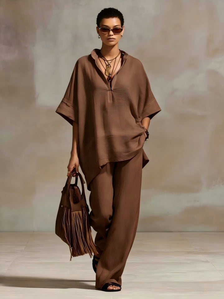 Womens Casual Loose-fitting Solid-color Shirt And Wide-leg Pants Set – Premium 0 | RICALOUX