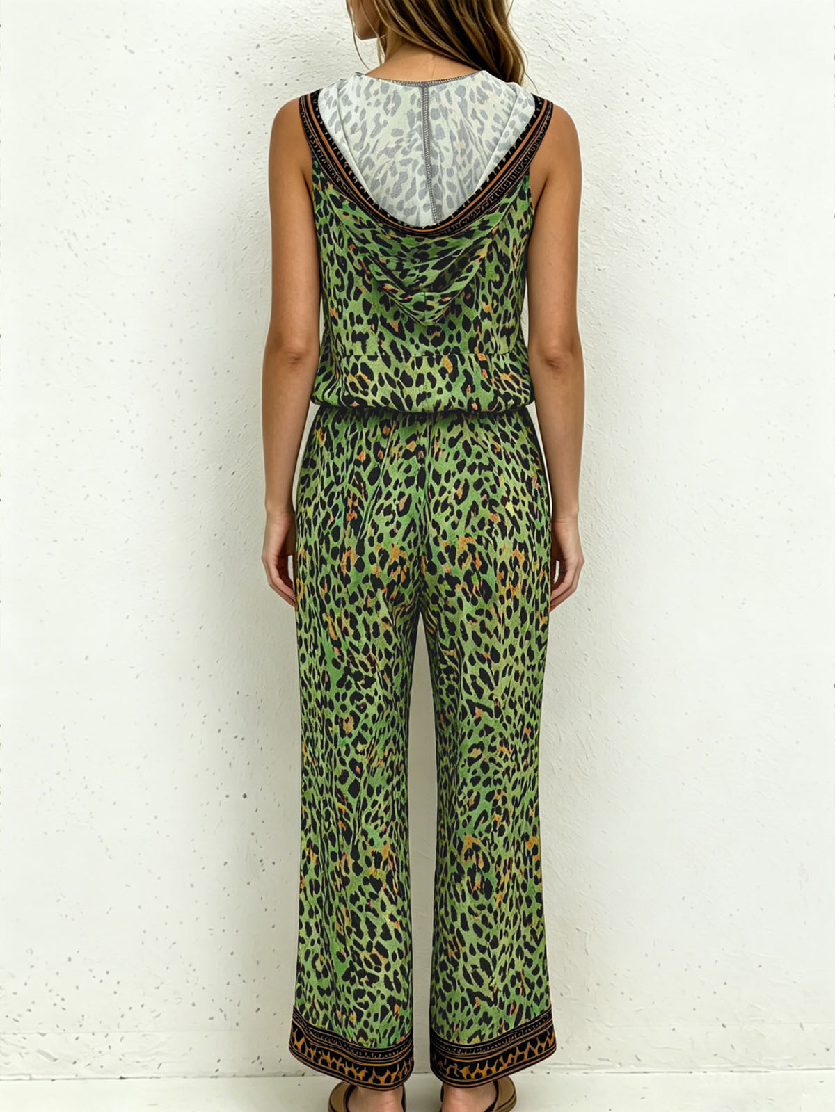Summer Leopard Print Hooded Sleeveless Vest & Wide-Leg Pants Set With Pockets by Ricaloux