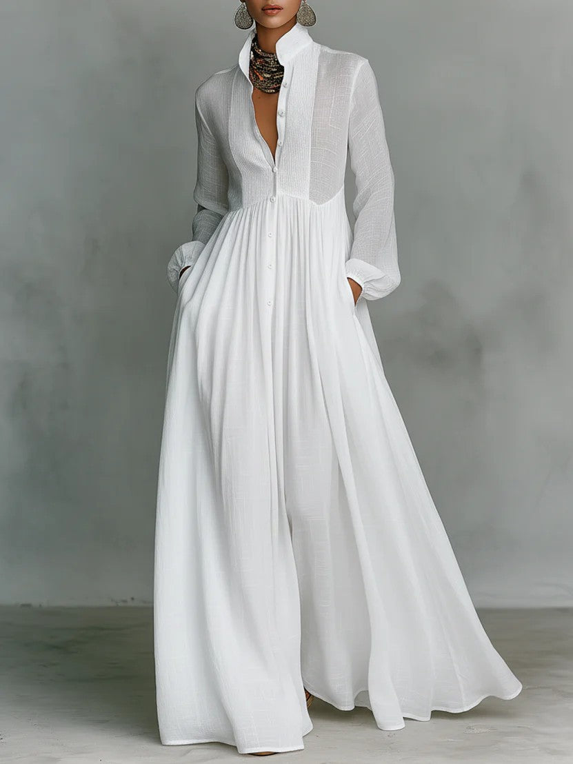 Elegant Stand Collar Button Down Maxi Dress - Long Sleeve Pleated Flowy Gown With Pockets by Ricaloux