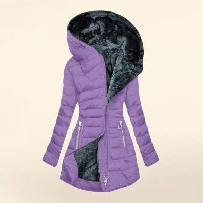 Women's Plush Hooded Mid-length Oblique Zipper Cotton-padded Coat - RICALOUX