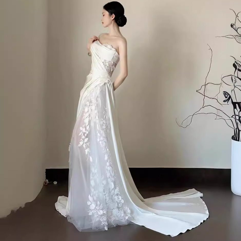 Satin Lace Wedding Veil Tube Top Fishtail Wedding Dress - RICALOUX