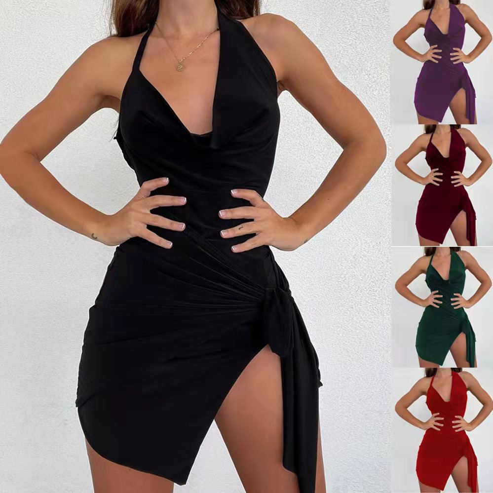 Solid-color V-neck Halter Lace-up Slit Sexy Dress – Premium 0 | RICALOUX