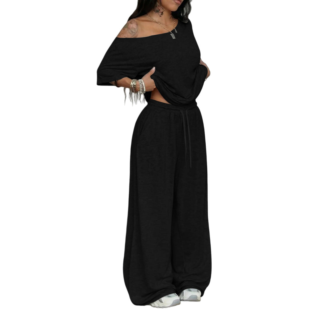 Women's Casual Solid-Color Sports Two-Piece Set With Loose-Fit Trousers – Premium 0 | RICALOUX