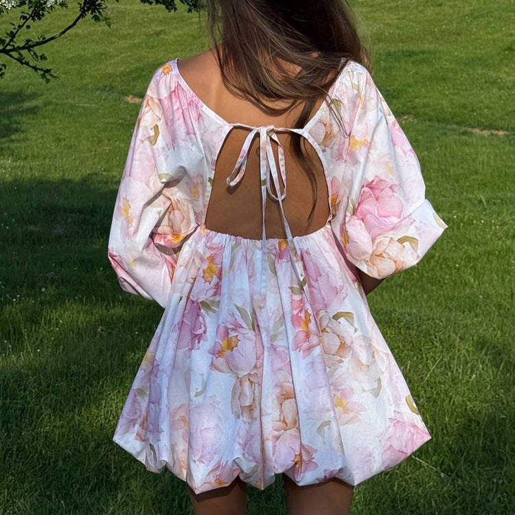 Sexy Open-Back V-Neck Puff-Sleeve Tie-Waist Dress by Ricaloux