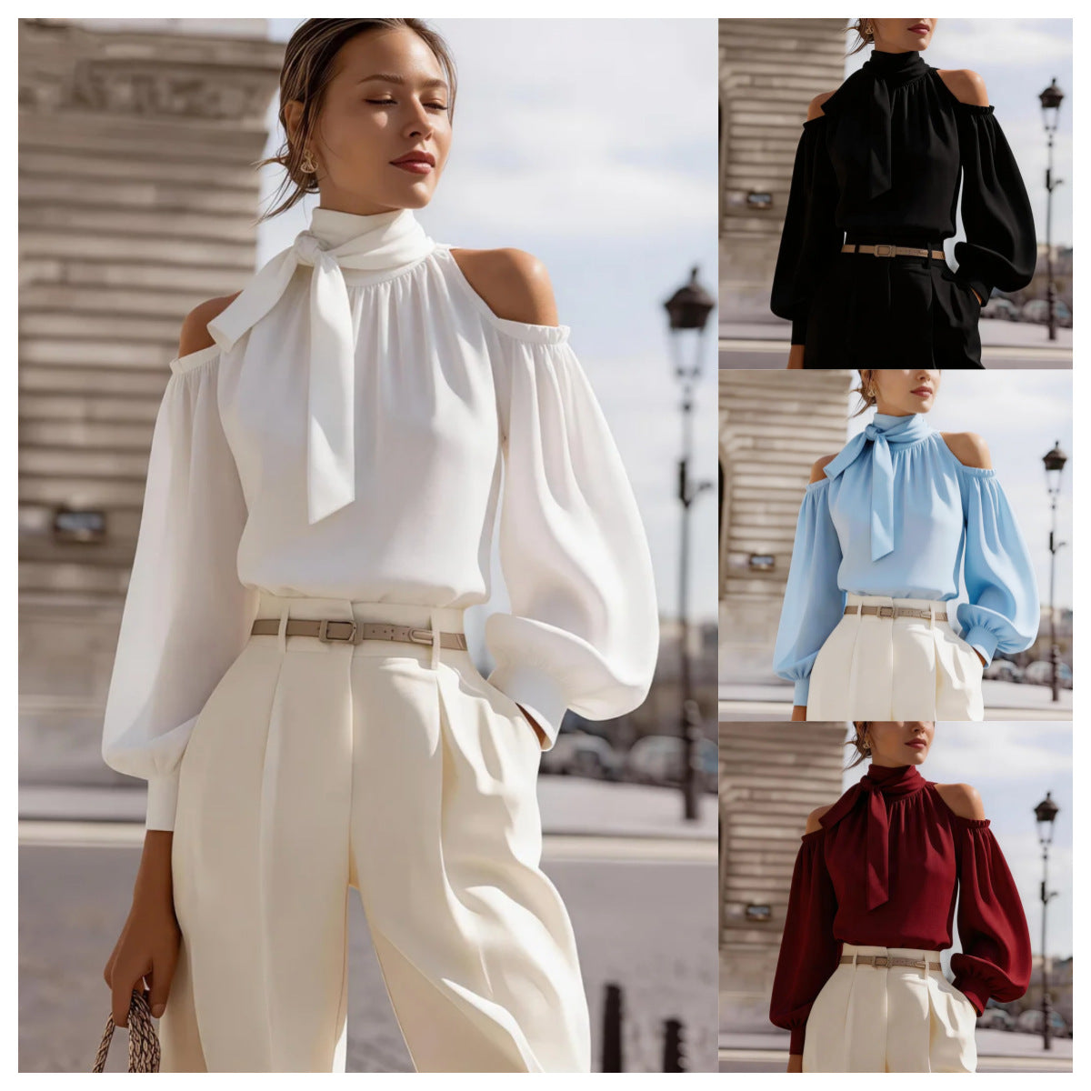 Womens Stand-collar Off-shoulder Top With Puff Sleeves – Premium 0 | RICALOUX