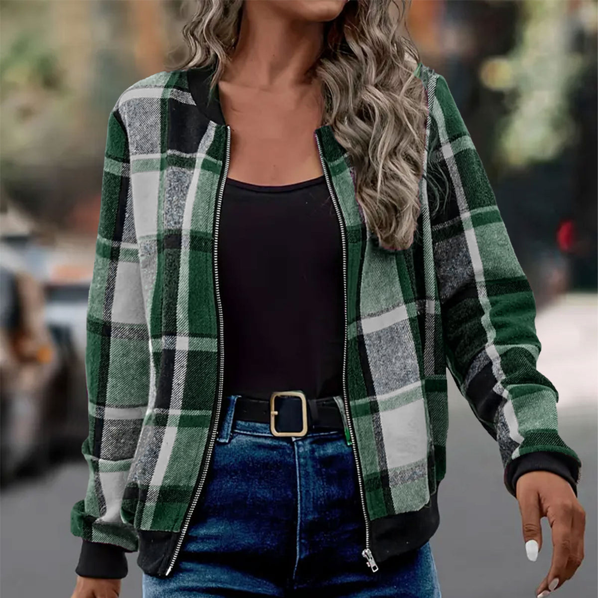 Womens Plaid Printed Long-Sleeve Zip-Up Jacket – Premium 0 | RICALOUX