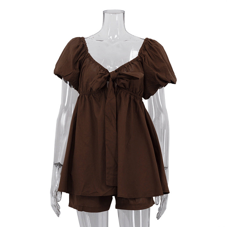 V-neck Puff Sleeve Tie-up Top And Loose Shorts Two-piece Set by Ricaloux