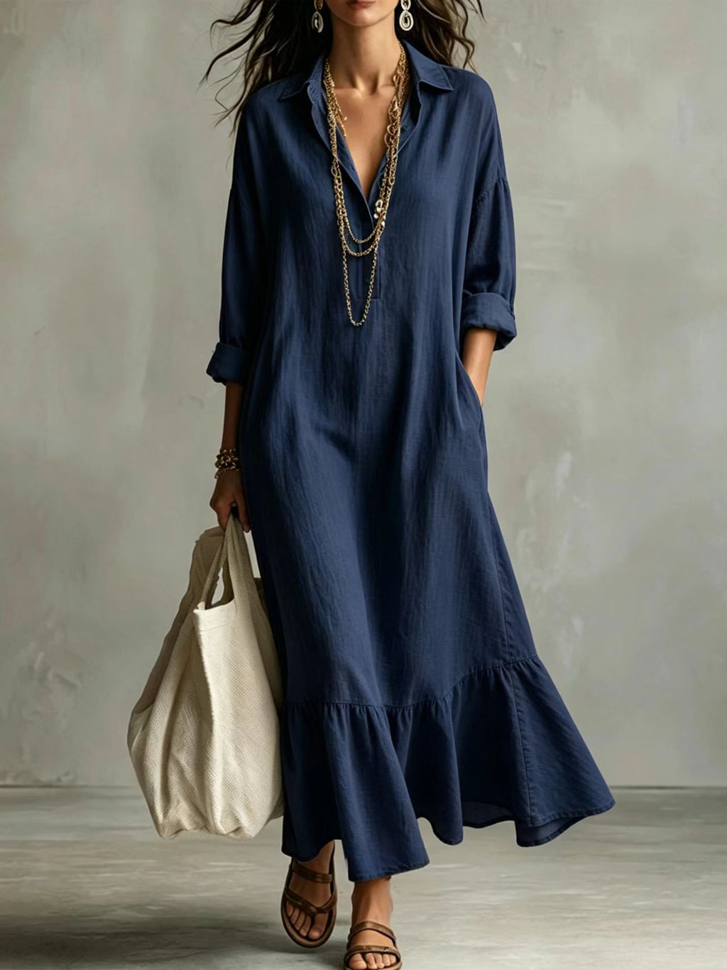 Turn-down Collar Fishtail Casual Loose-fit Figure-flattering Shirt Dress by Ricaloux