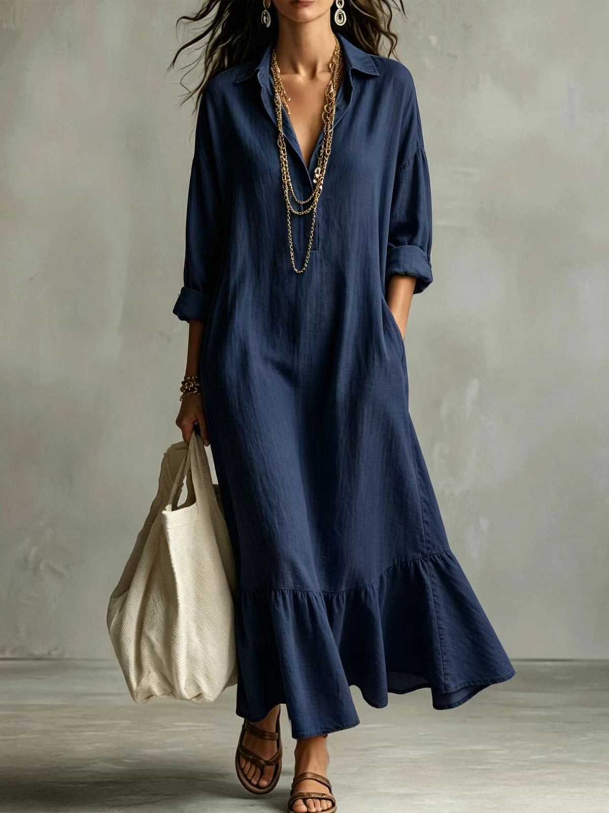 Turn-down Collar Fishtail Casual Loose-fit Figure-flattering Shirt Dress by Ricaloux