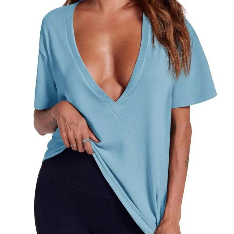 Solid-color Deep V-neck Short-sleeve T-shirt For Women by Ricaloux
