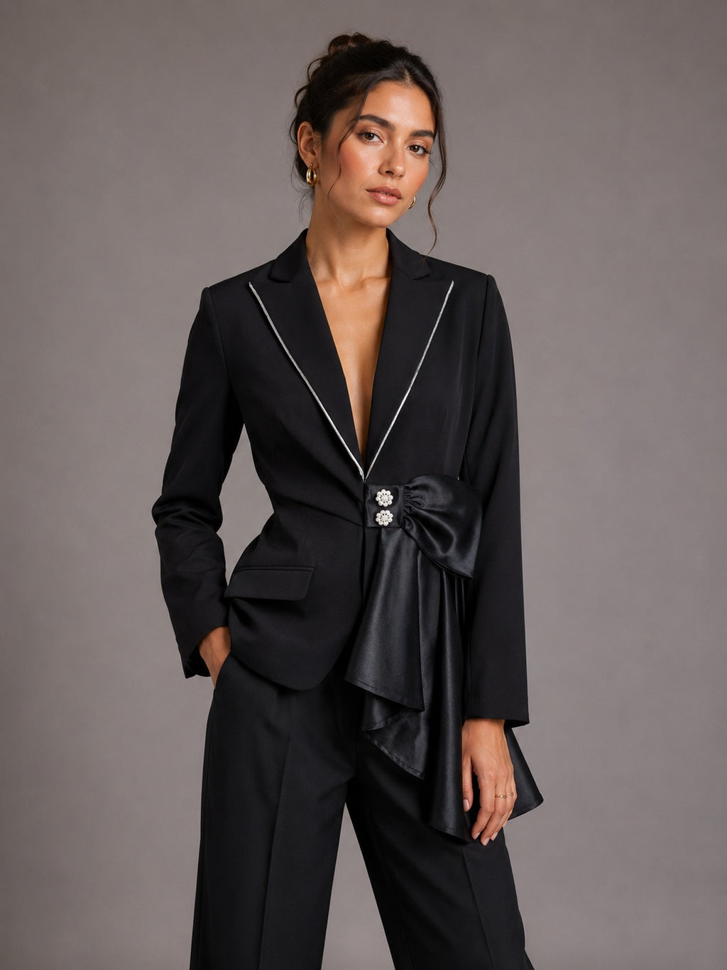 Contrast Satin Bow Rhinestone Trim Fitted Blazer Jacket – Premium 4 | RICALOUX