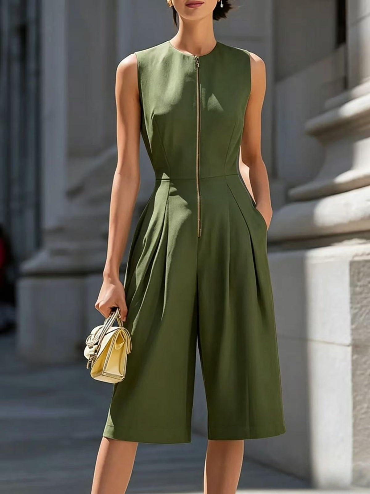 Solid-color Zip-front Crew-neck Sleeveless Wide-leg Jumpsuit – Premium 0 | RICALOUX