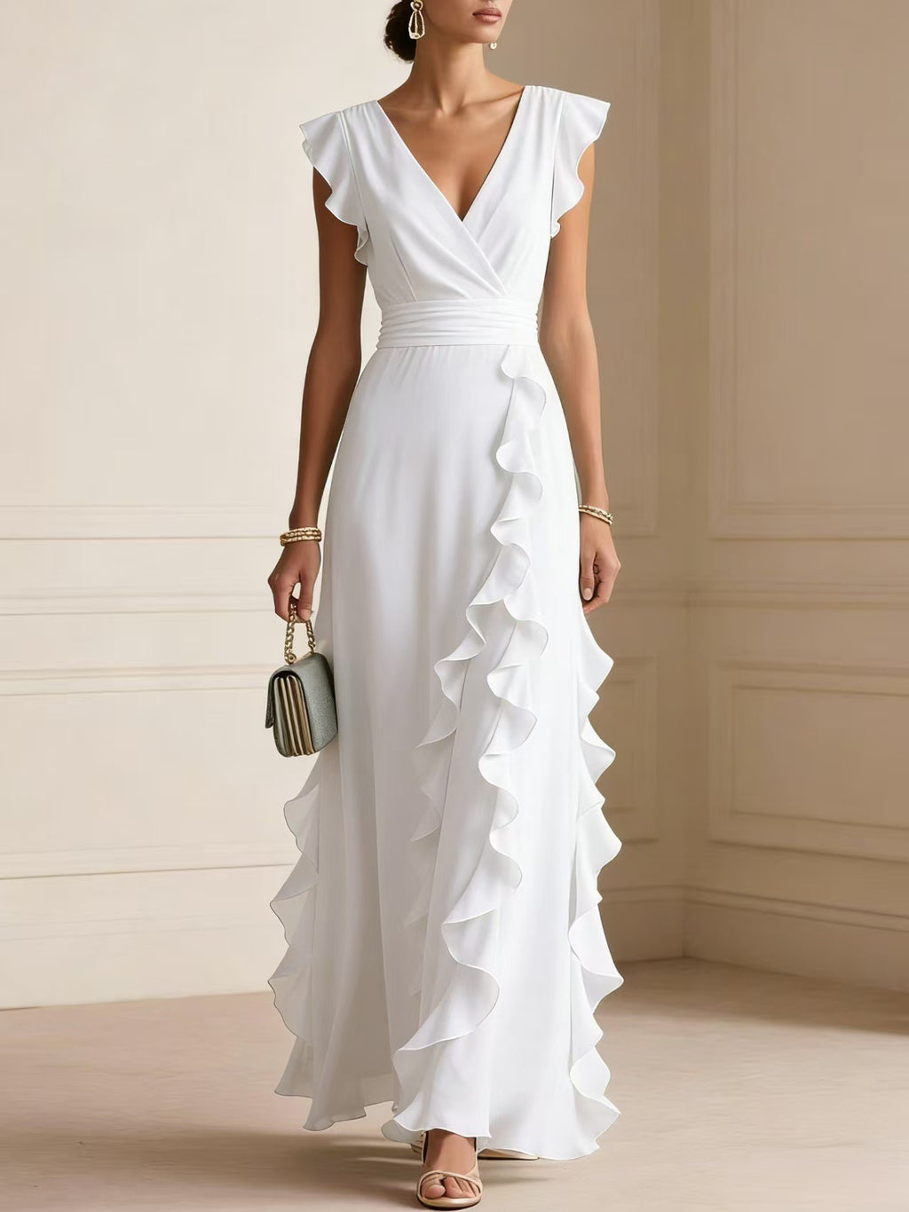 Women's Elegant Solid Color Ruffle Sleeveless Sexy V-Neck Long Dress Fashionable Bohemian Women's Party Evening Maxi Dresses by Ricaloux