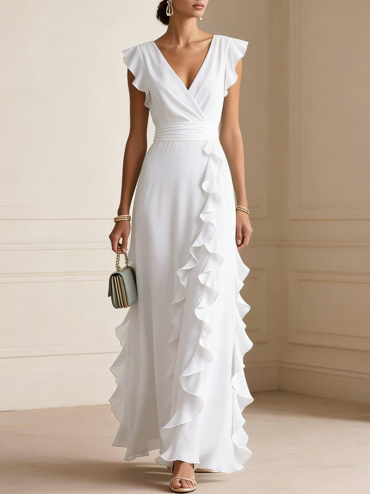 Women's Elegant Solid Color Ruffle Sleeveless Sexy V-Neck Long Dress Fashionable Bohemian Women's Party Evening Maxi Dresses by Ricaloux