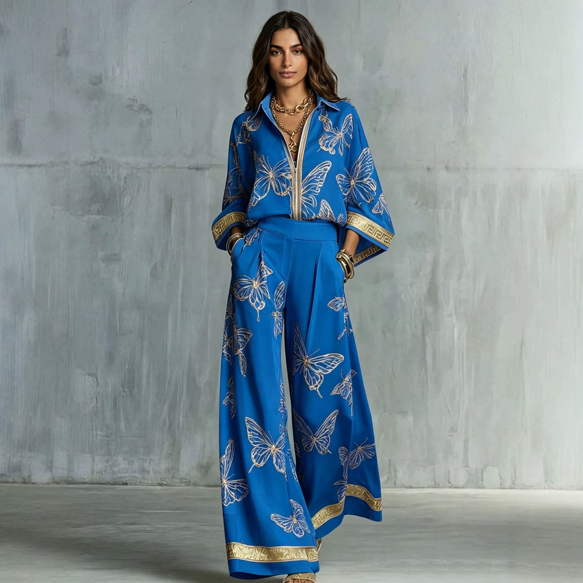 Womens Printed Loose-Fit Zip-Up Top And Wide-Leg Pants Two-Piece Set by Ricaloux