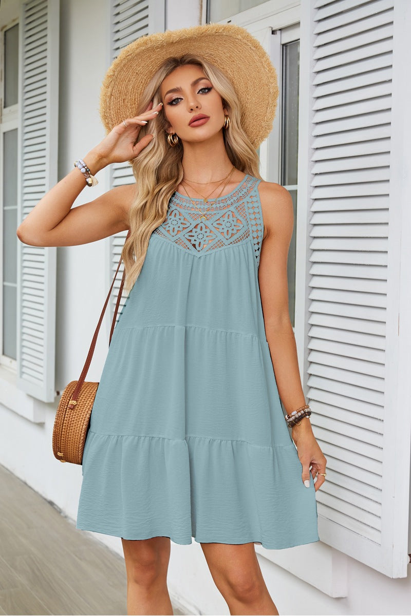 Womens Hollowed-Out Lace-Trimmed Halterneck A-Line Dress by Ricaloux