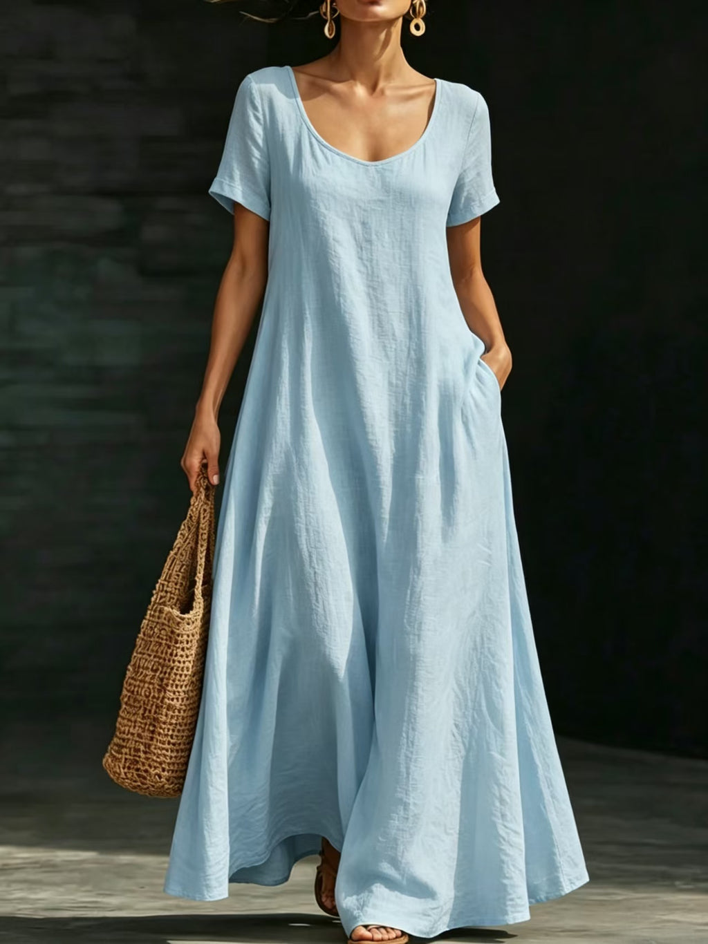 Summer Dress U-neck Short-sleeve Loose Casual Pure Color Full-skirted Long Dress by Ricaloux