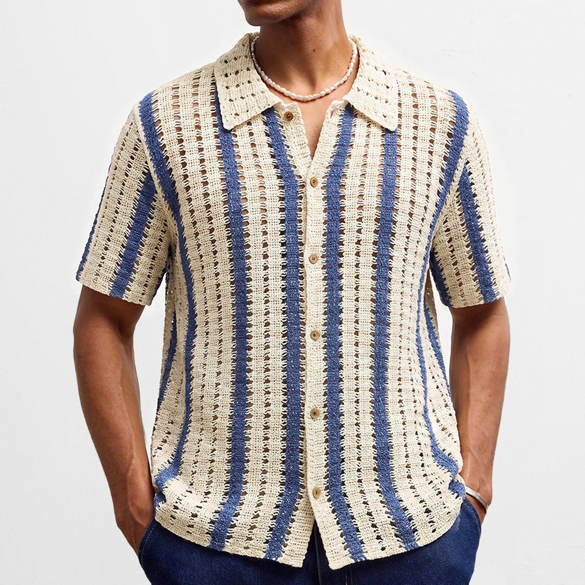 Mens Pure Cotton Hollow-out Crochet Knit Sweater by Ricaloux