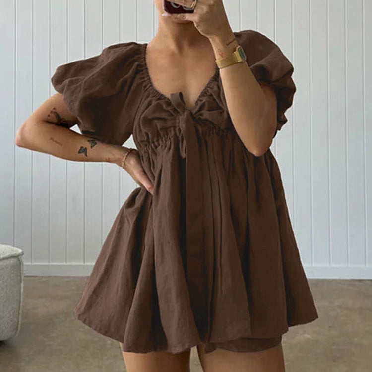 V-neck Puff Sleeve Tie-up Top And Loose Shorts Two-piece Set by Ricaloux