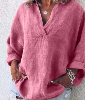Women's Large Size Solid Color Imitation Cotton And Linen V-neck Long-sleeved Pullover Top - RICALOUX