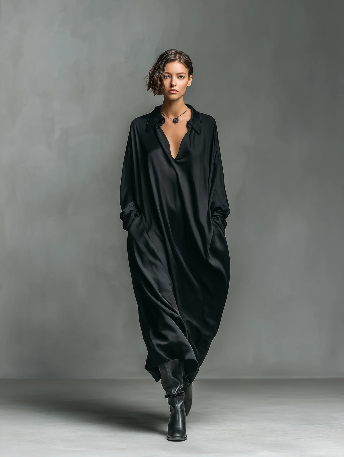 Solid-color Satin Long-sleeve Shirt Dress by Ricaloux
