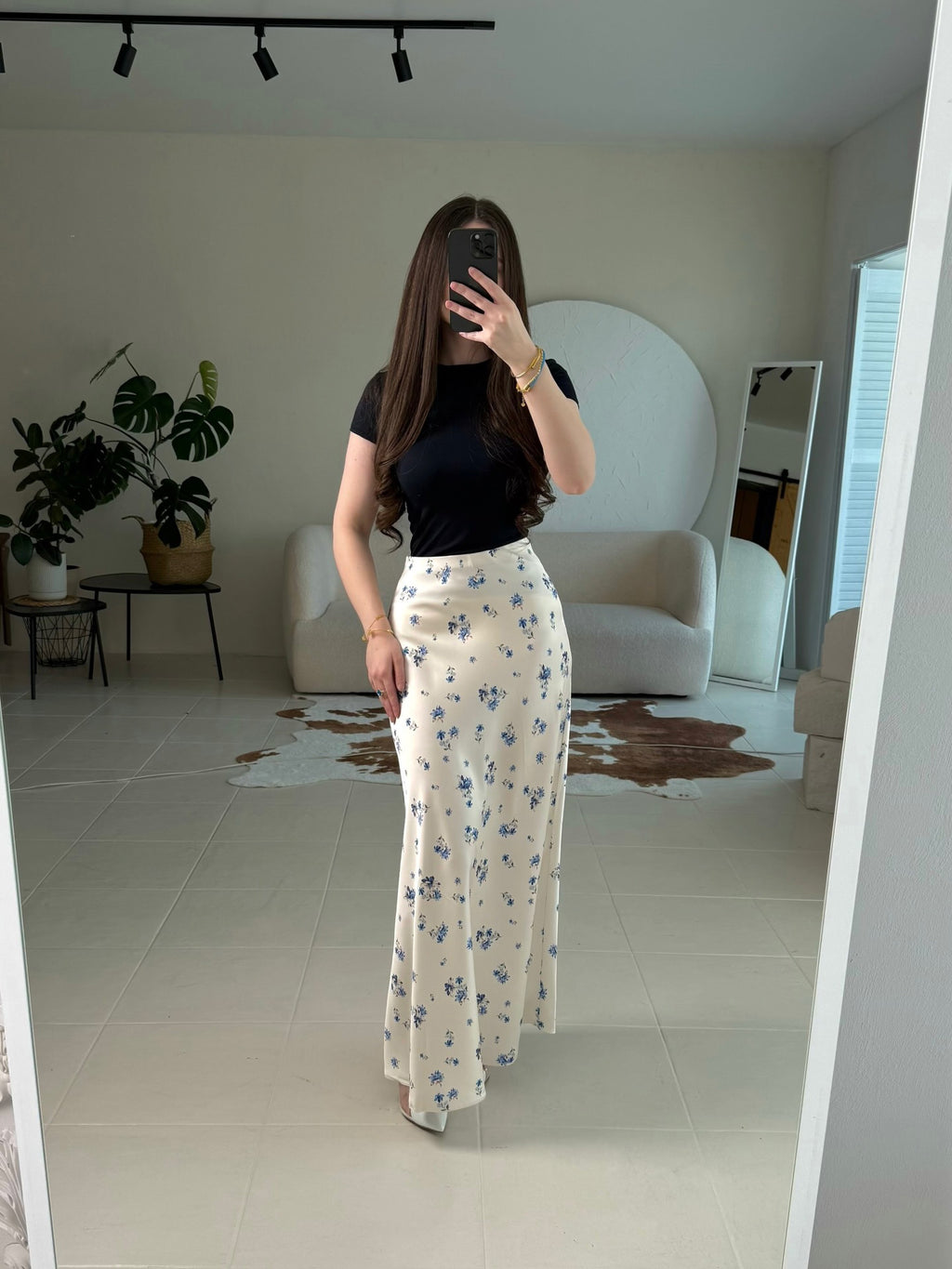 Base Ditsy Floral Print High Waist Satin Mermaid Midi Slip Skirt by Ricaloux