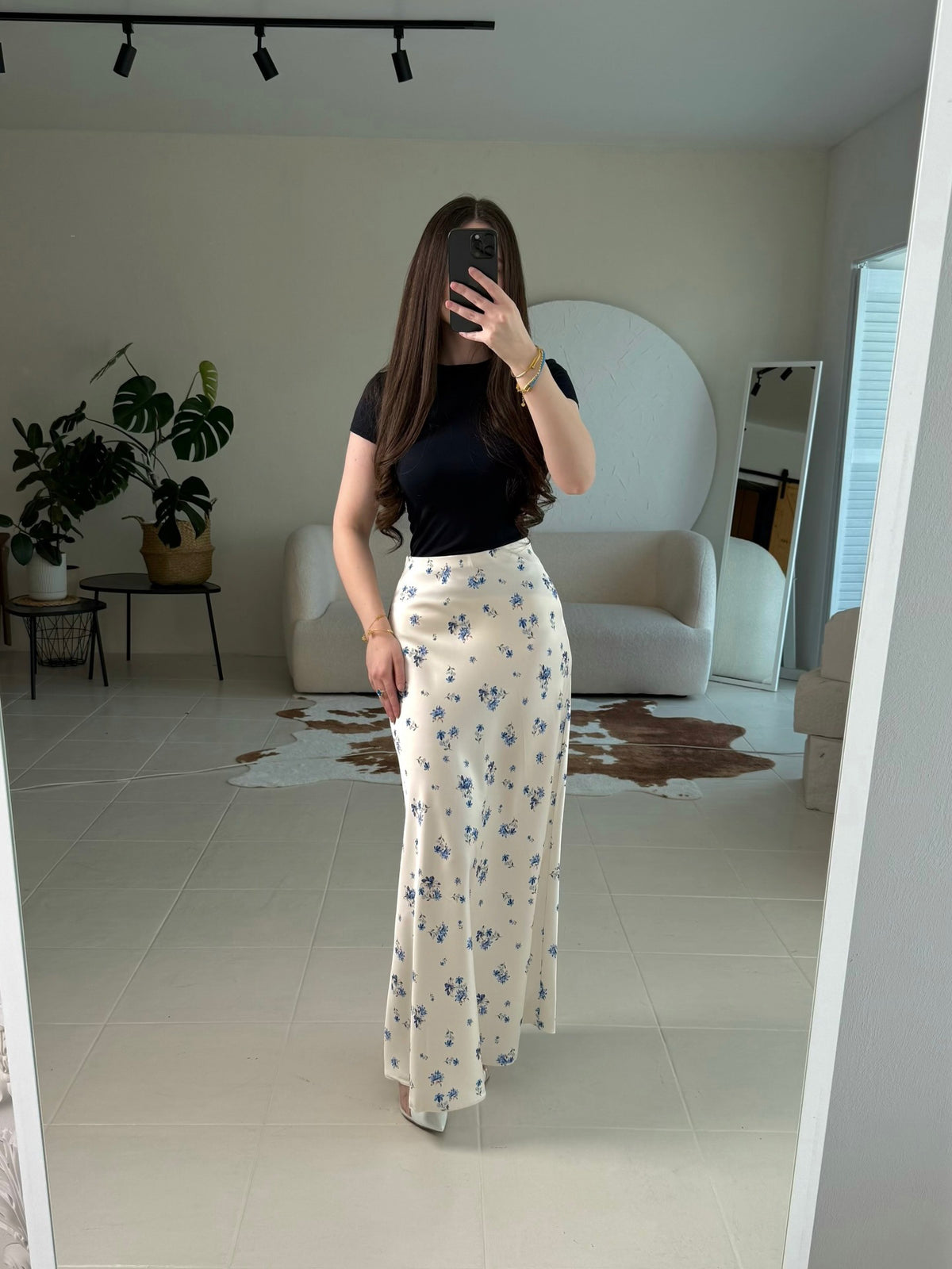 Base Ditsy Floral Print High Waist Satin Mermaid Midi Slip Skirt by Ricaloux