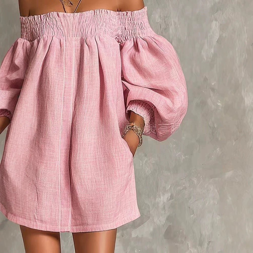 Off-the-shoulder Lantern-sleeve A-line Loose-fit Mini Dress by Ricaloux