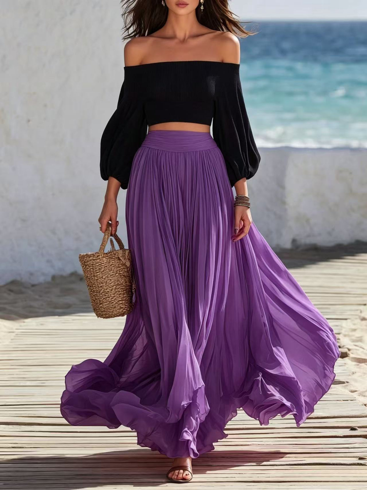 Off-shoulder Strapless Top With Bubble Sleeves And Skirt Set by Ricaloux
