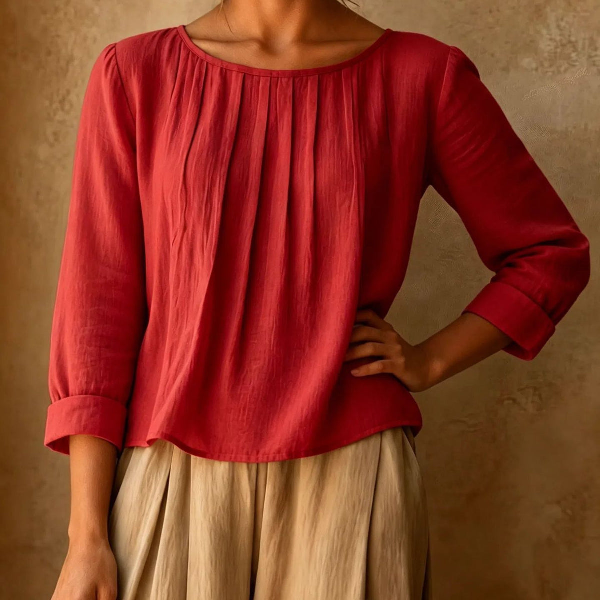 Womens Cotton-linen Top Loose-fit Round-neck Shirt – Premium 0 | RICALOUX